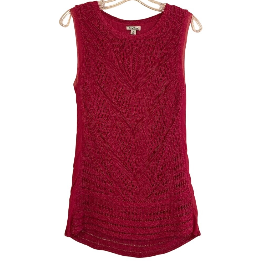 Lucky Brand Magenta Pink Crochet Knit Overlay Sleeveless Lagenlook Blouse‎ Top